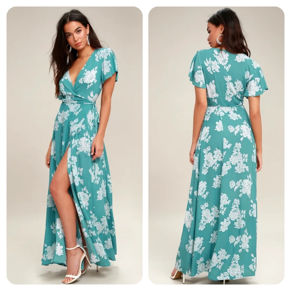 Lulu's Heart of Marigold Turquoise Floral Print Wrap Maxi Dress Blue Medium